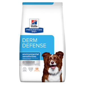 Лечебна суха храна Hill’s Prescription Diet Derm Defense за кучета с кожни алергии и чувствителност към околната среда.