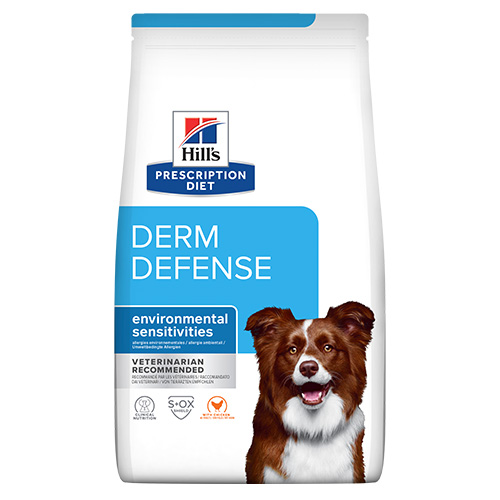 Лечебна суха храна Hill’s Prescription Diet Derm Defense за кучета с кожни алергии и чувствителност към околната среда.