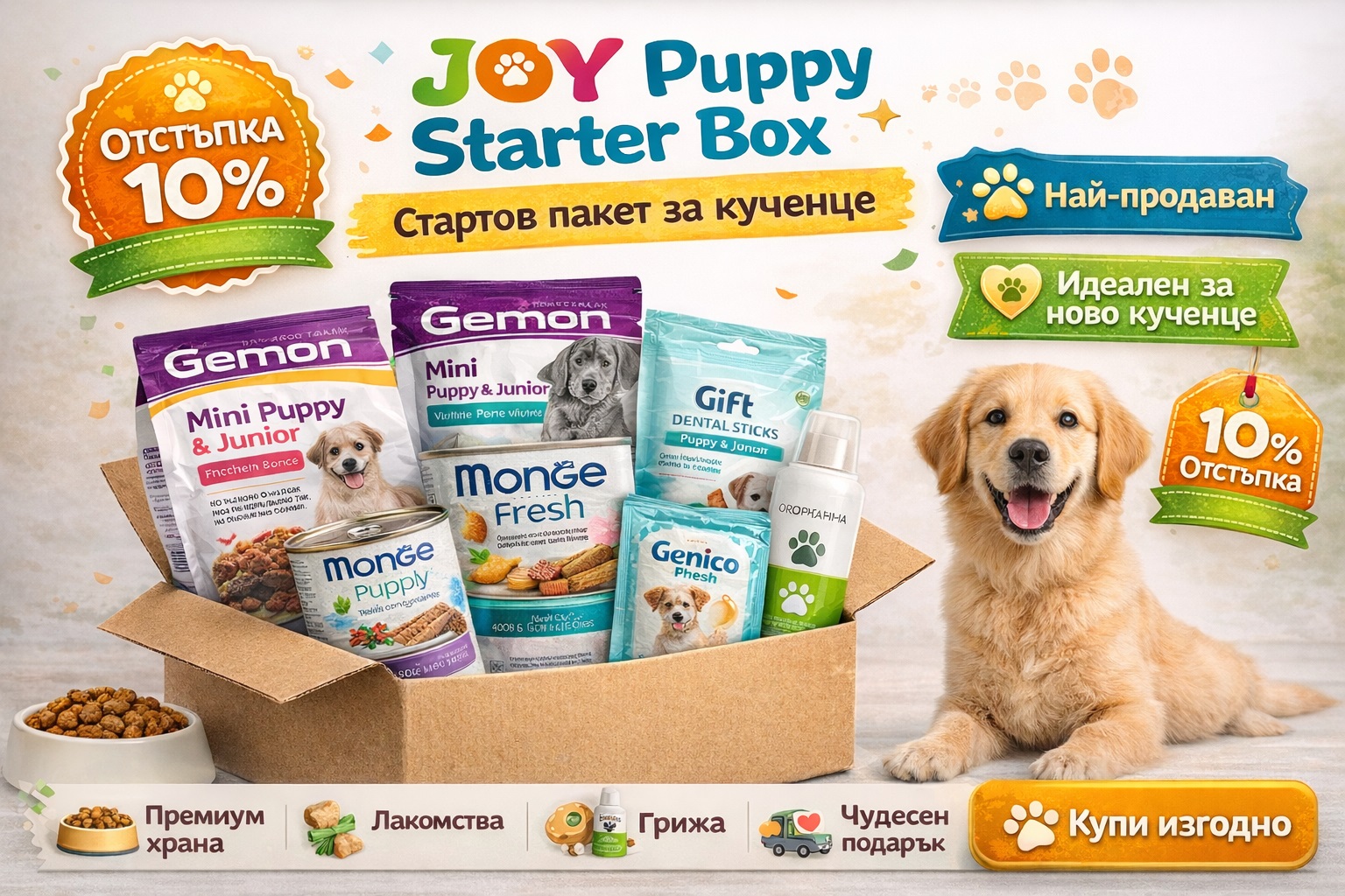 Стартов пакет за кученце JOY Puppy Starter Box с 10% отстъпка – храна, лакомства и грижа
